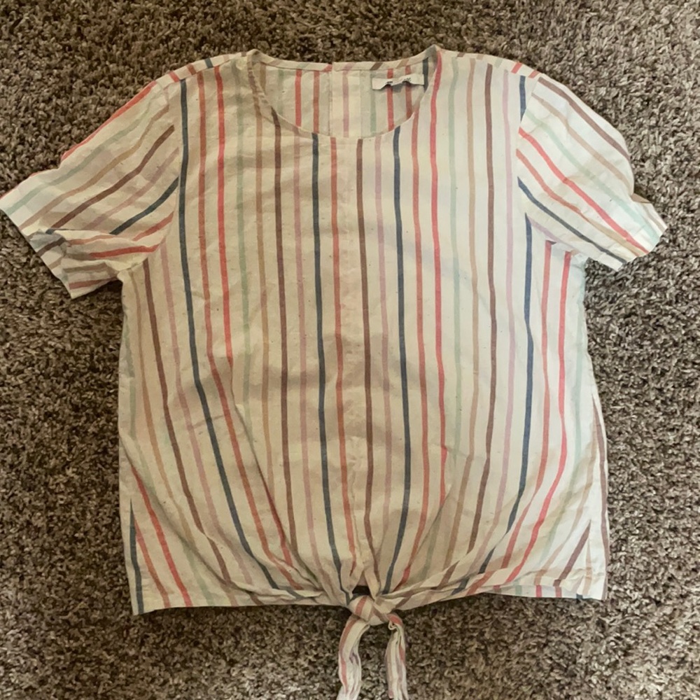 Madewell Striped Tie-Hem Short Sleeve Top in White with Red, Blue, Green Stripes